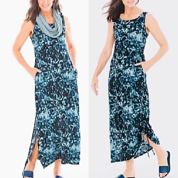 SOMA Blue Black Tie Dye Ruched Drawstring Tie Asymmetrical Boho Maxi Tank Dress - Picture 1 of 13